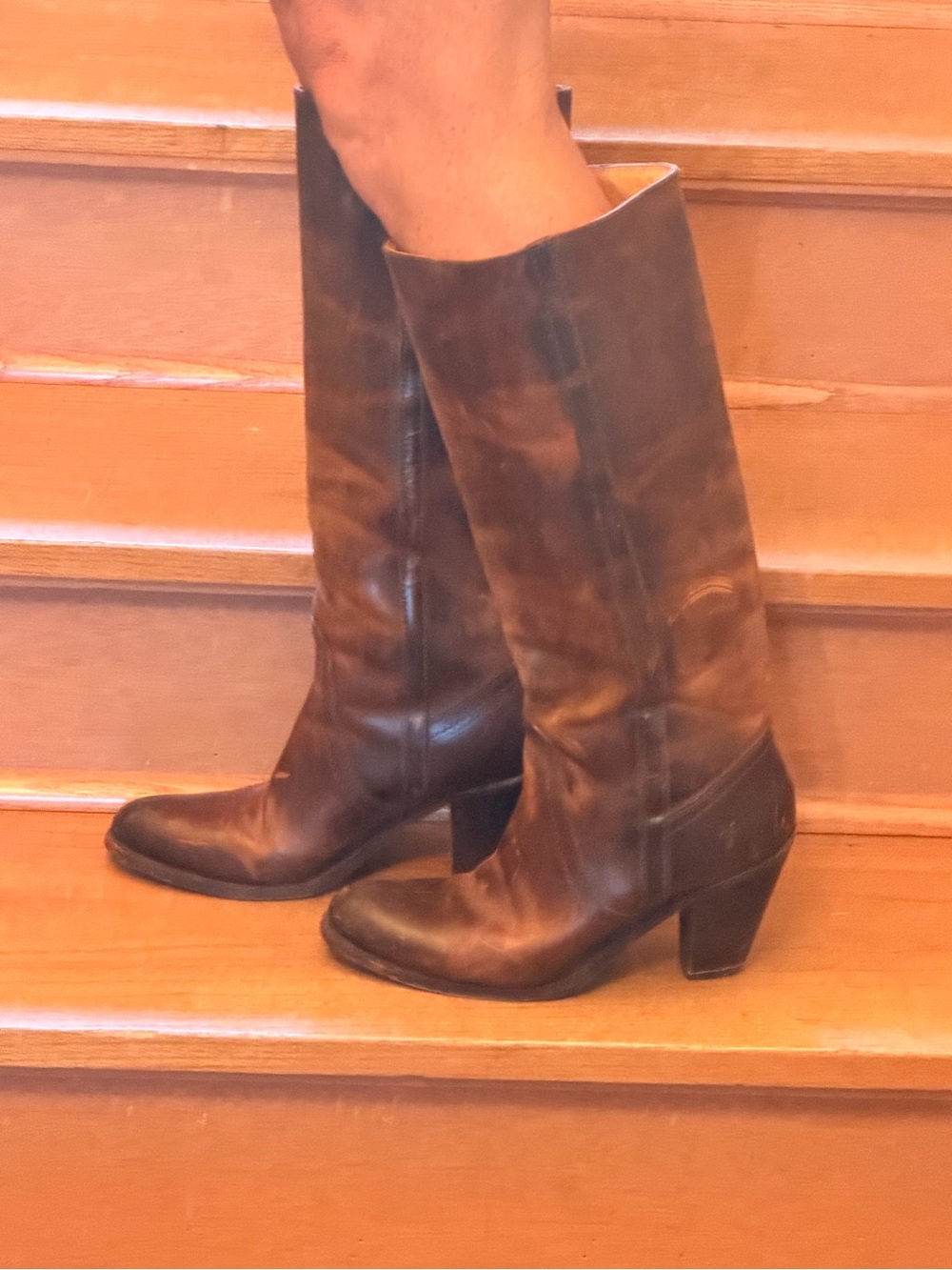 Frye Tall Brown Leather Block-Heel Boots